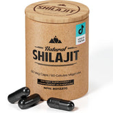 Natural Shilajit capsules bottle highlighting energy and vitality.