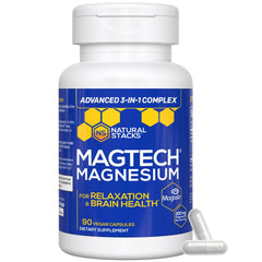 Natural Stacks MagTech magnesium bottle label signals potent brain-supporting formula.