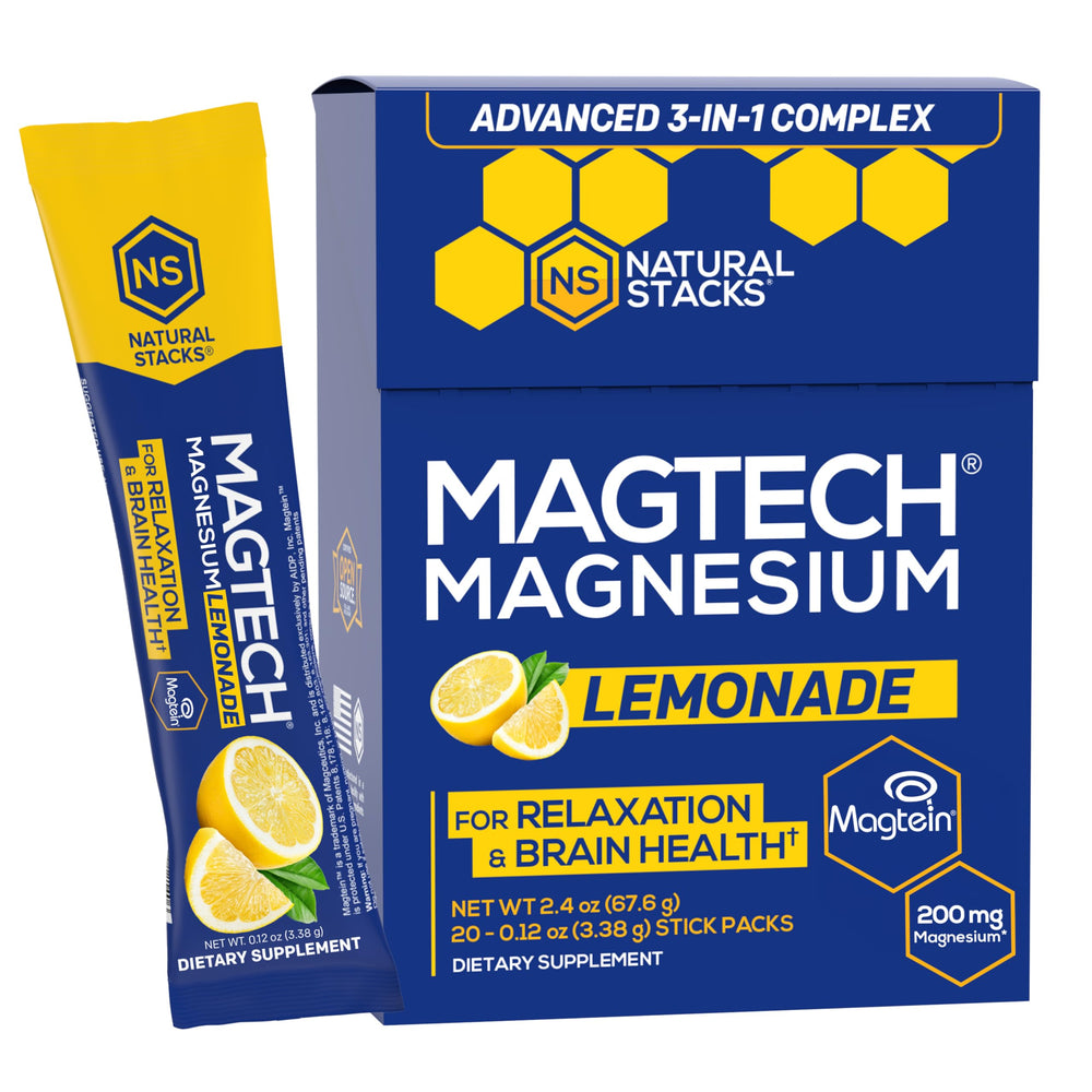 NATURAL STACKS MagTech magnesium lemonade glass shows a refreshing sugar-free option for relaxation.