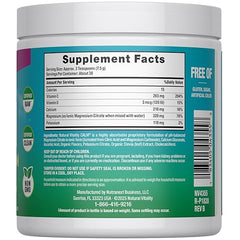 Natural Vitality CALM bottle back label highlighting Non-GMO and gluten-free features