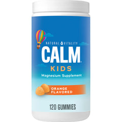 Natural Vitality CALM Kids bottle front view, vegan and gluten-free magnesium gummies.