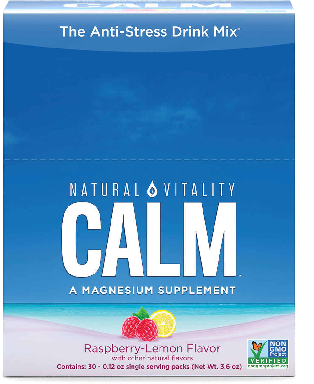 Natural Vitality CALM raspberry lemon packet ready to mix for a soothing beverage.