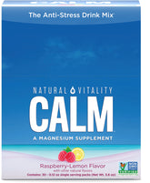 Natural Vitality CALM raspberry lemon packet ready to mix for a soothing beverage.