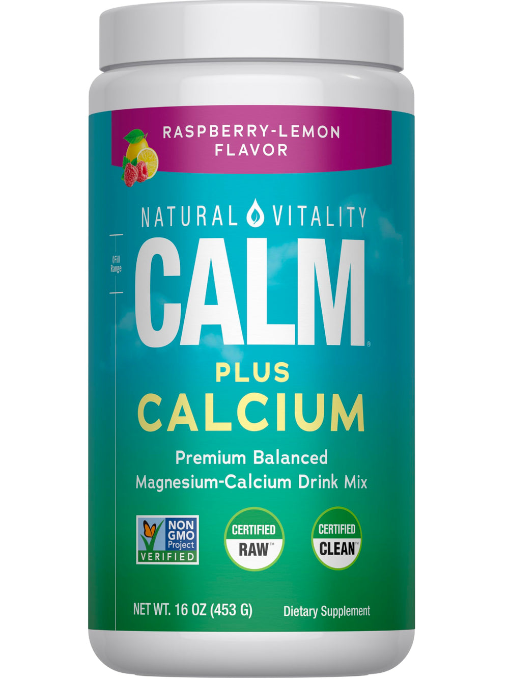 Natural Vitality CALM raspberry lemon powder bottle ready to mix for relaxing moments.