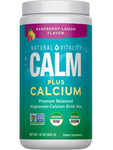 Natural Vitality CALM raspberry lemon powder bottle ready to mix for relaxing moments.