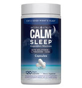 Natural Vitality Calm Sleep capsules bottle showing bedtime support for relaxed evenings.
