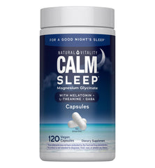 Natural Vitality Calm Sleep capsules bottle showing bedtime support for relaxed evenings.