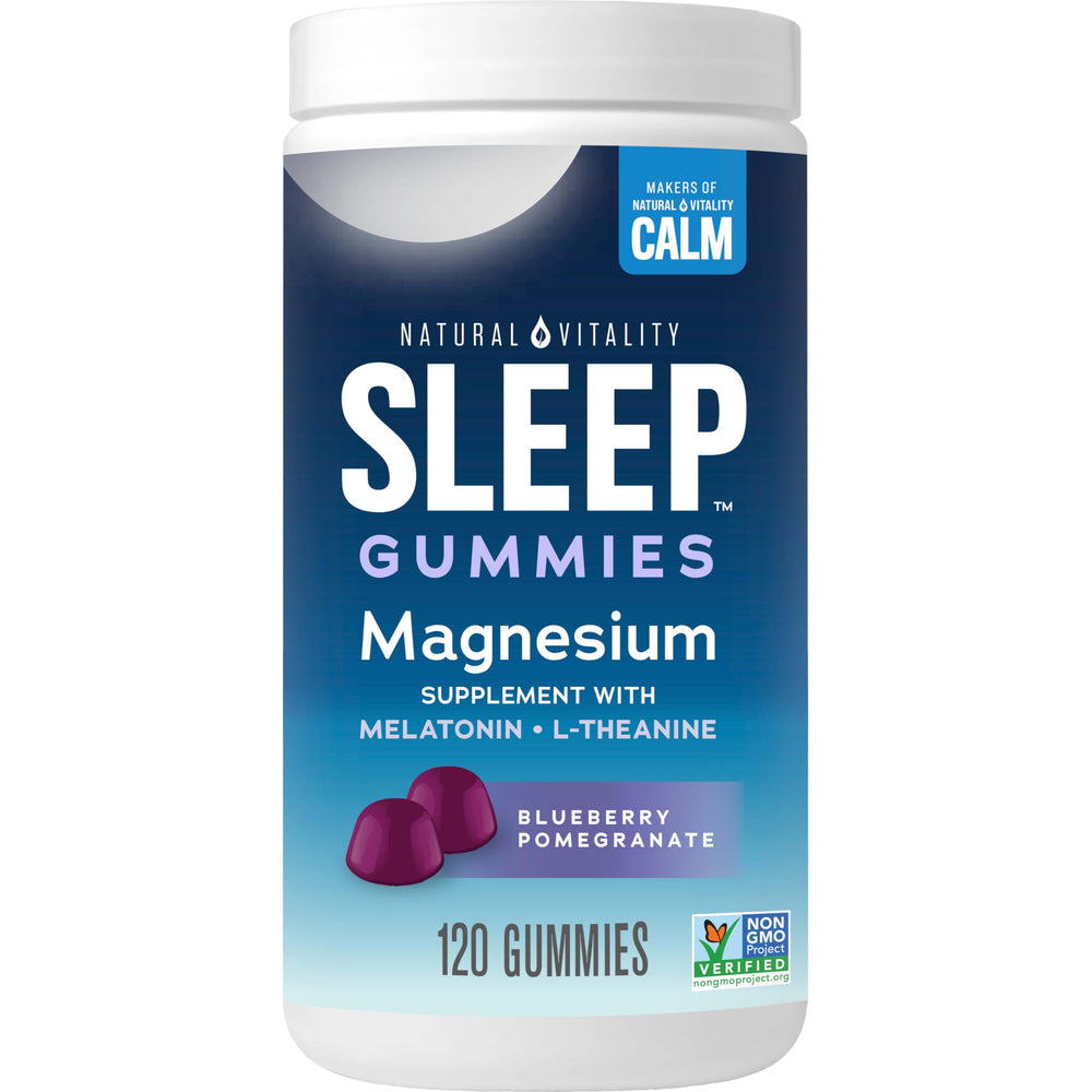 Natural Vitality SLEEP Gummies bottle on a nightstand, highlighting the product packaging.