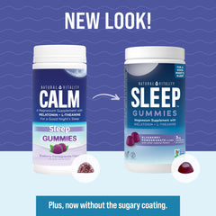 Close-up of Natural Vitality SLEEP Gummies label, showcasing vegan and gluten-free notes.