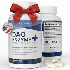 NATURALABS DAO capsule cap image highlighting histamine support for meals.