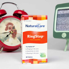 NaturalCare RingStop tablets inside the bottle for easy dosing.