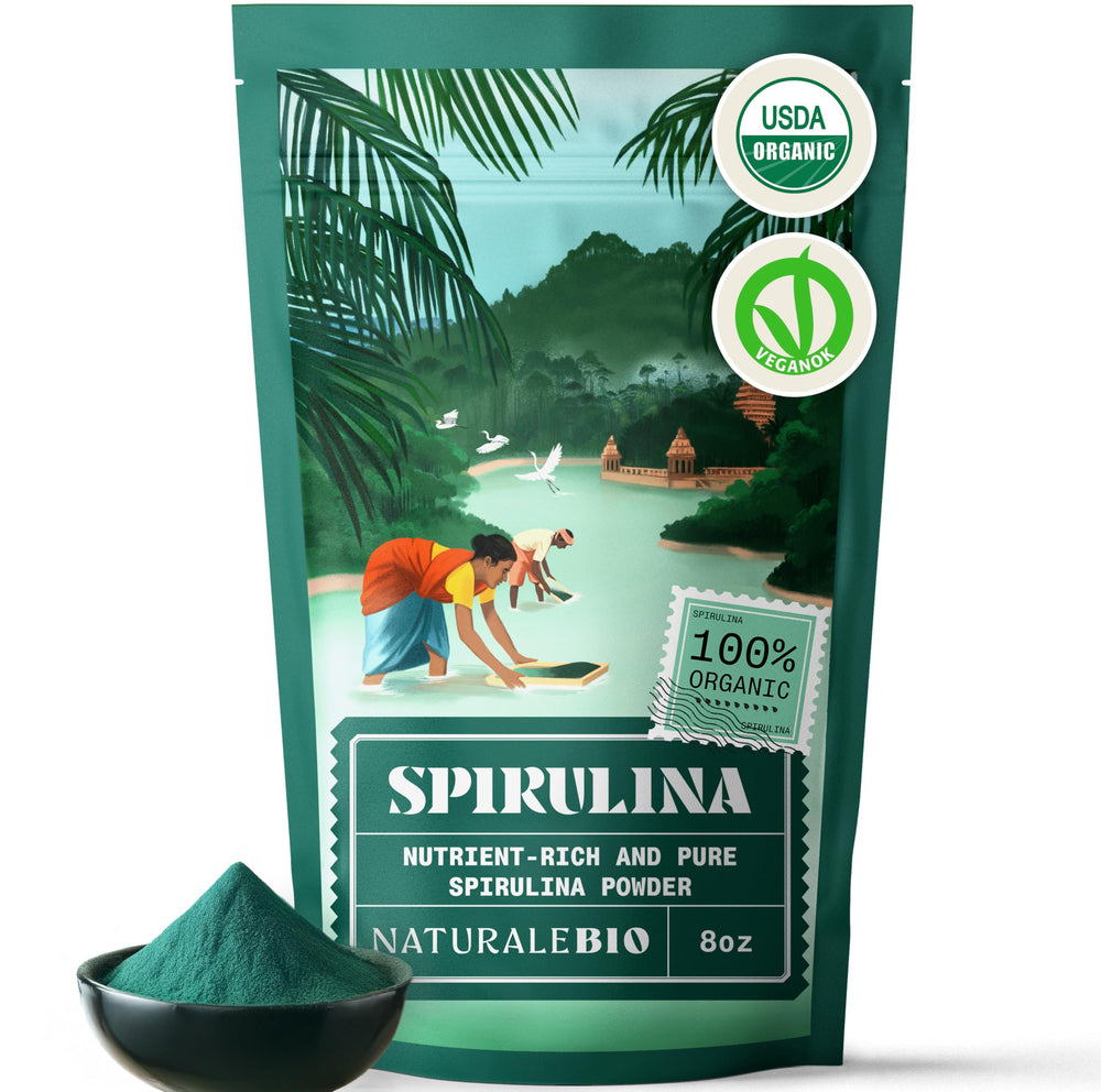 NaturaleBio spirulina packaging highlights organic origin for smoothies