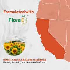 Label close-up showing FloraE origin and vitamin E details
