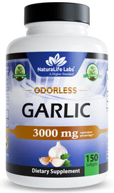 NaturaLife Labs odorless garlic softgels bottle for easy daily supplementation