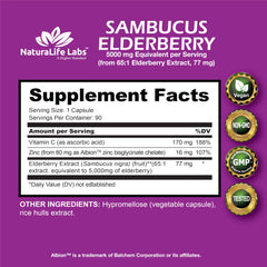 NaturaLife Labs Sambucus elderberry label close-up highlighting 65:1 extract for immune support