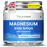 NaturallyMum Kids Magnesium Bedtime Lotion bottle front, lavender and chamomile for calm evenings.