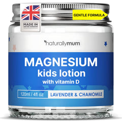NaturallyMum Kids Magnesium Bedtime Lotion bottle front, lavender and chamomile for calm evenings.