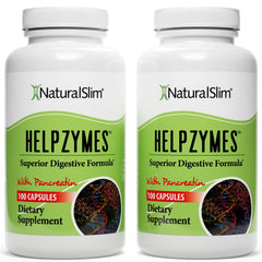 NaturalSlim Helpzyme bottle and capsules close-up, supporting easy enzyme supplementation and digestive comfort.