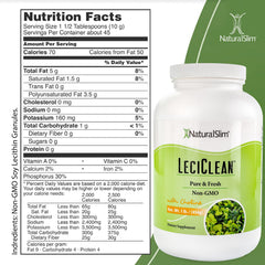 NaturalSlim soy lecithin granules poured into a smoothie for easy emulsification and nutrition.