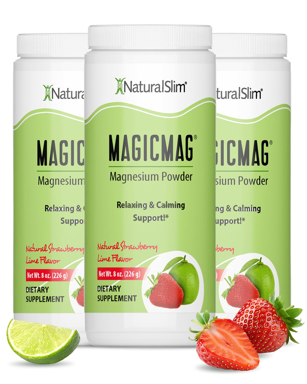 NaturalSlim MagicMag powder bottle showing magnesium supplement for daily vitality