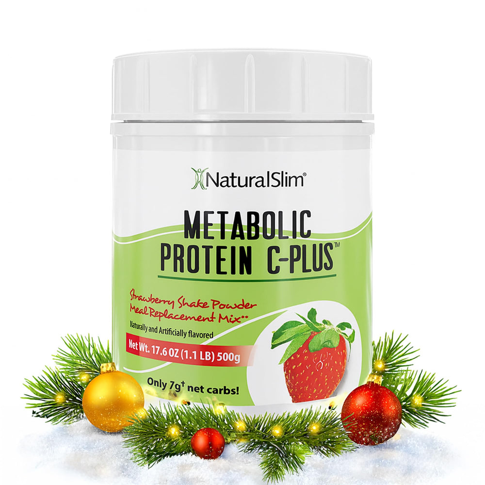 NaturalSlim Metabolic Protein C-Plus strawberry bottle, convenient low-carb protein option.