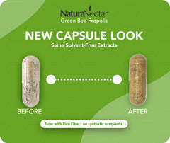 NaturaNectar Green Bee Propolis capsules close-up showing high-purity polyphenols and artepillin-C.