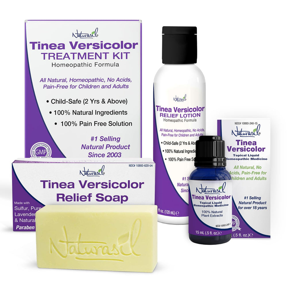 Naturasil Tinea Versicolor pack front view showing complete natural spot care set for skin