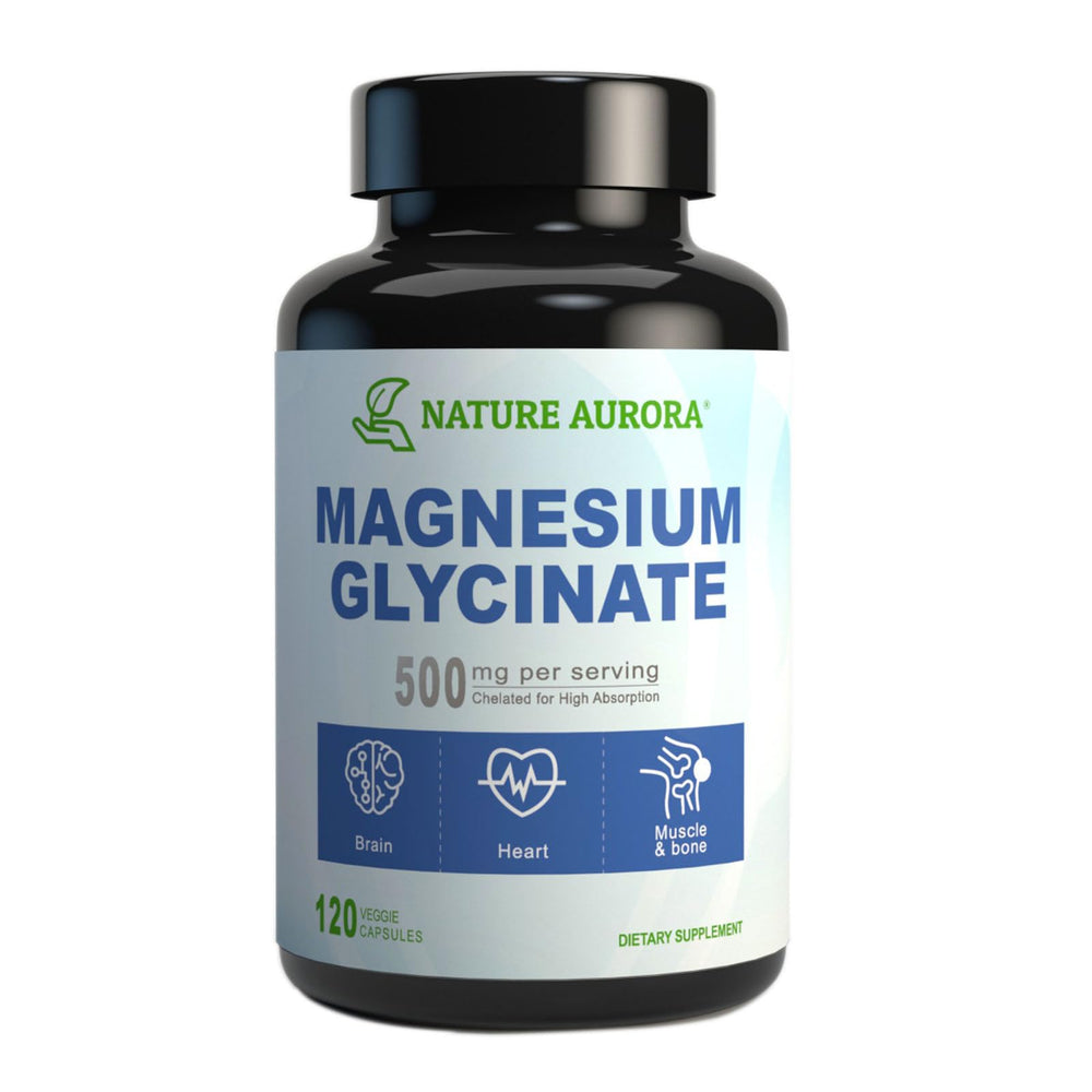Nature Aurora magnesium glycinate 500mg capsules bottle for easy daily use