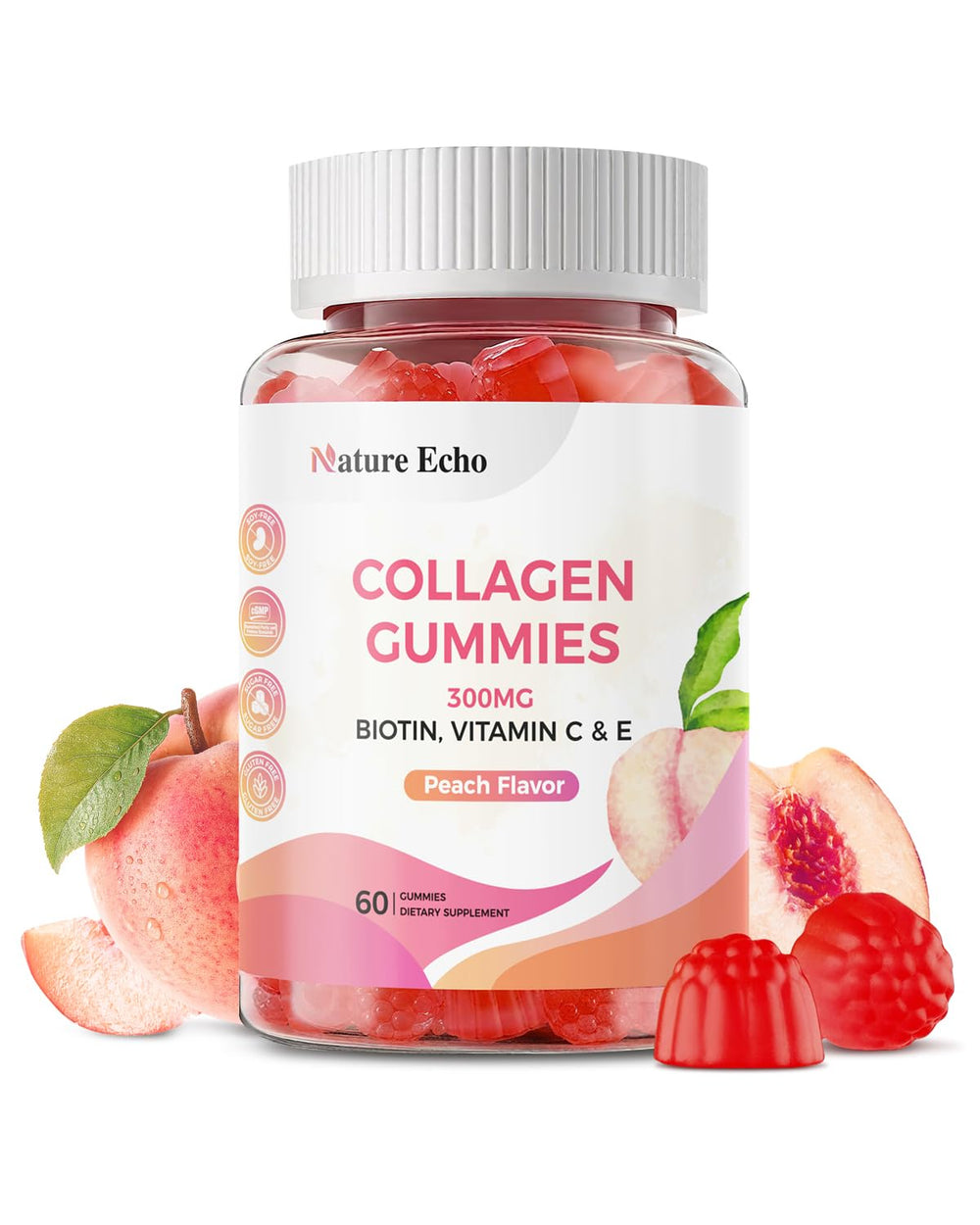 Nature Echo collagen gummies peach bottle for daily beauty support