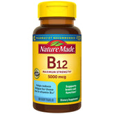 Nature Made B12 5000 mcg softgel bottle for daily energy support.