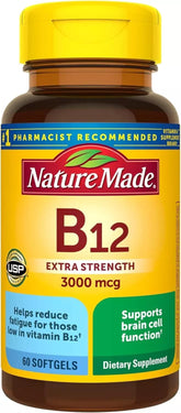 Nature Made Vitamin B-12 softgels bottle with 3000 mcg potency for daily energy.