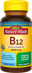 Nature Made Vitamin B-12 softgels bottle with 3000 mcg potency for daily energy.