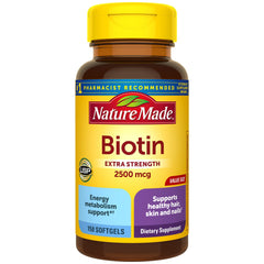 Nature Made Biotin 2500 mcg softgels bottle close-up for hair and nails support.