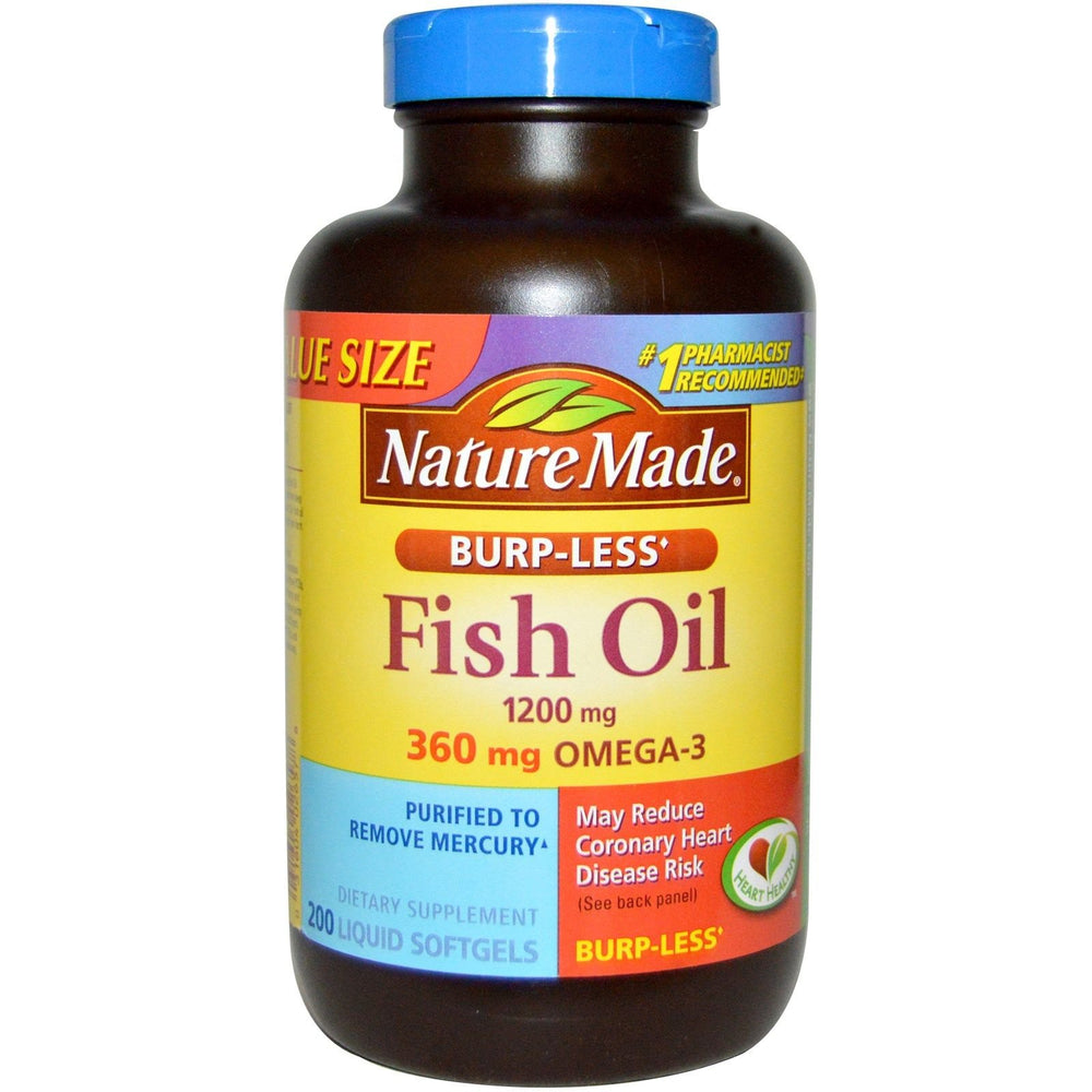 Nature Made Burp-Less Fish Oil bottle with purified omega-3 softgels for easy swallowing.