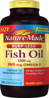 Nature Made Burp-Less Fish Oil 1200 mg bottle highlights gluten-free softgels for heart health.