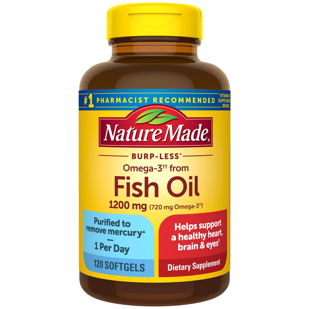 Nature Made Burp Less Omega-3 bottle with softgels for daily heart and brain support.