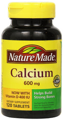 Nature Made Calcium 600 mg with Vitamin D3 tablets in bottle, supporting bone health.