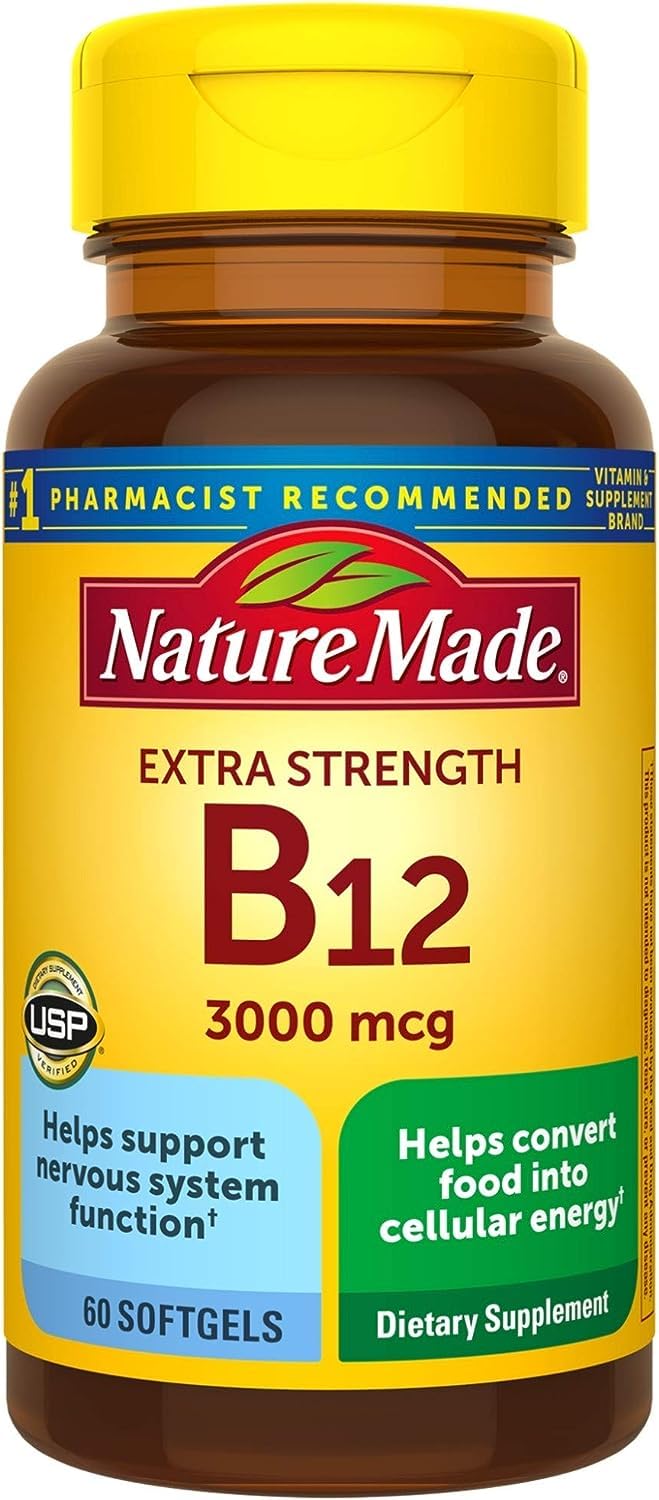 Nature Made Extra Strength B12 3000 mcg softgels bottle, supporting energy metabolism