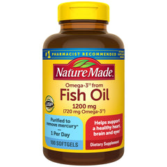 Nature Made Fish Oil 1200 mg softgel bottle for heart and brain support.