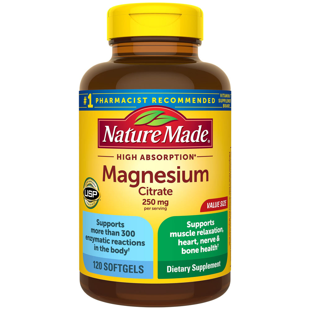 Nature Made Magnesium Citrate softgels bottle for daily muscle and nerve support.