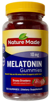 Nature Made Melatonin Dreamy Strawberry bottle shown, promoting smooth sleep onset and restful nights.
