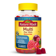 Nature Made Multi for Him Gummies bottle close-up highlighting cherry flavor and daily energy support.