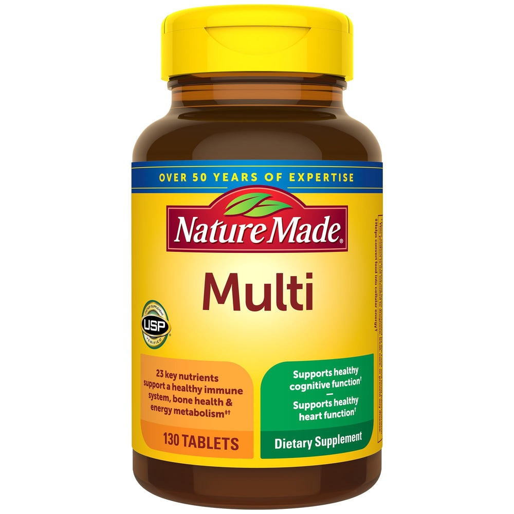 Nature Made multivitamin bottle front for daily nutritional support and convenience.