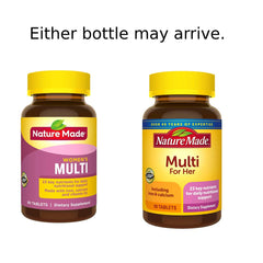 Nature Made Nm Essential Woman Multi bottle label highlights ingredients and daily use.