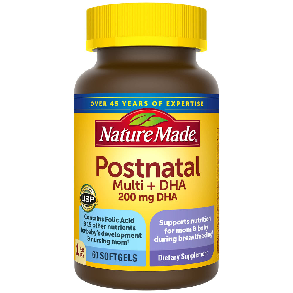 Nature Made Postnatal Multivitamin + DHA bottle with 60 softgels for breastfeeding support