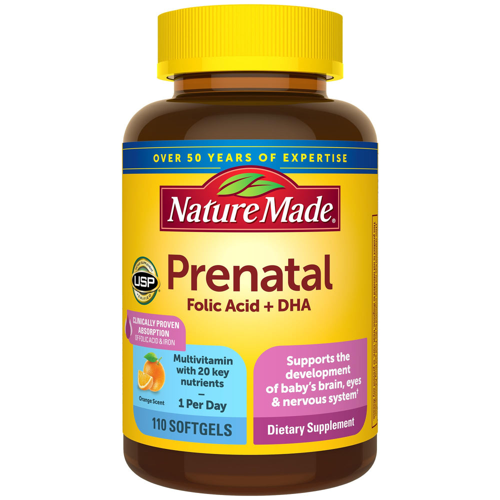 Nature Made Prenatal bottle with softgels supports daily prenatal nutrition.