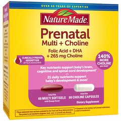 Nature Made Prenatal Softgels bottle showing convenient daily support for mom and baby.