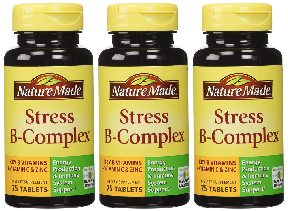 Nature Made Stress B Complex with Zinc bottle front showing energy and immune support cues.