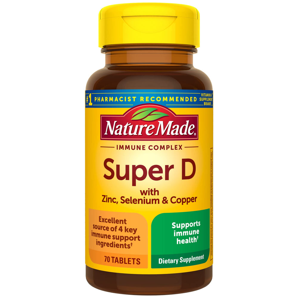 Nature Made Super D Immune Complex bottle showcases vitamin D3 and minerals for immune support.