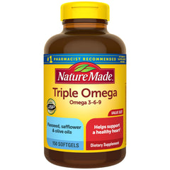 Nature Made Triple Omega 3-6-9 softgels bottle for daily heart health support.